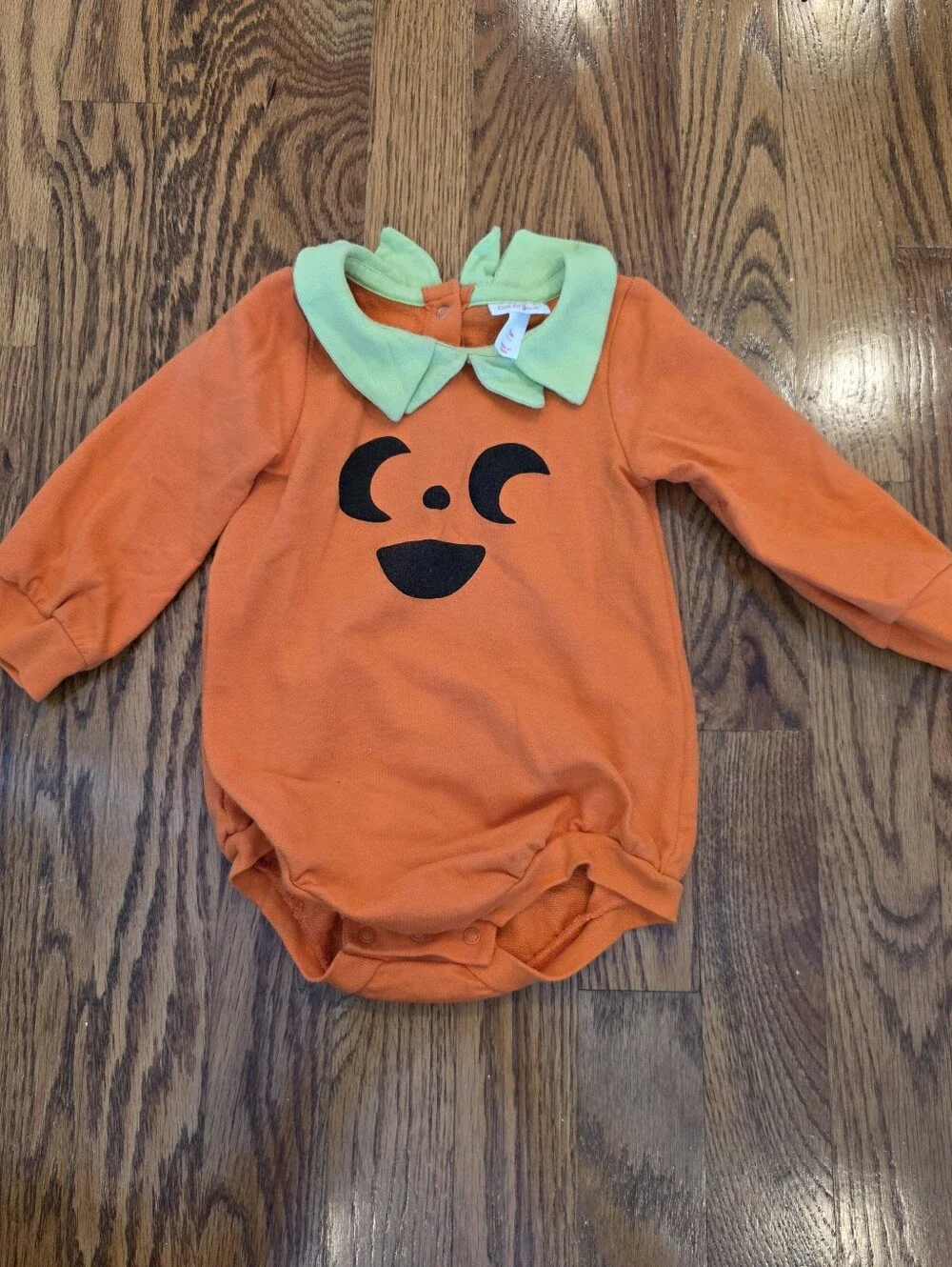 Cat & Jack Orange Pumpkin Face One-Piece Bodysuit with Green Collar